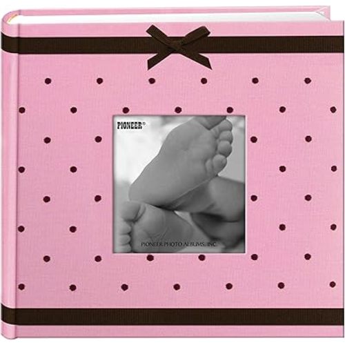 Pioneer 2-Up Baby Dot Fabric Frame Photo Album 200 Pockets - Pink/Brown