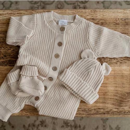 Beige 0-3 Months - Baby Knitted 3 Piece Set, Coming Home Outfit, Baby Gift, Baby Boy, Baby Girl, First baby Outfit, Baby Shower, Hospital Bag, USA