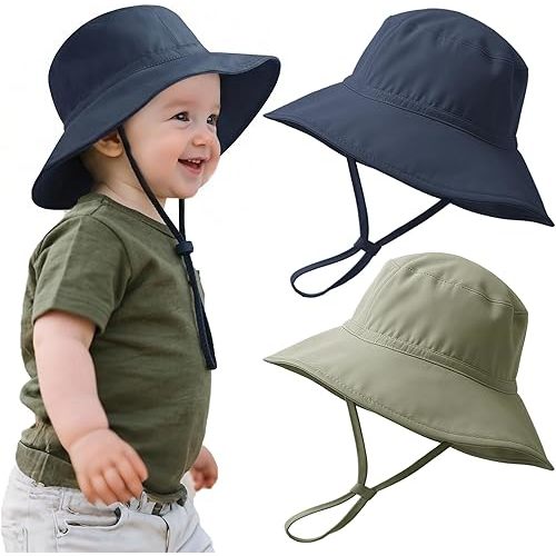 Konssy Baby Sun Hat 2 Pack, UPF 50+ Infant Bucket Hat, Summer Beach Hats with Wide Brim Adjustable Chin Strap, Soft-Lined