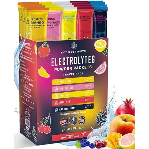 KEY NUTRIENTS Electrolytes Powder Packets 20 Pack - No Sugar, 5 Delicious Flavors, Hydration Packets with Electrolyte Powder for Refreshing Electrolyte Drink Mix Packets - Zero Calories