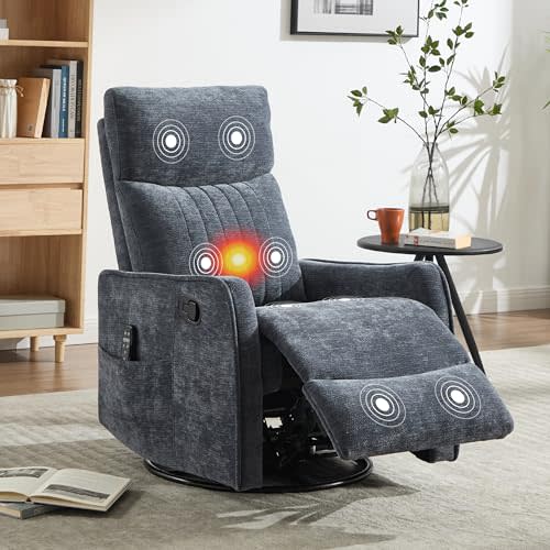 Manual Swivel Rocker Recliner Chair for Adults, Overstuffed Reclining Glider Chair for Nursing with Vibration Massage & Heat, Living Room Rocking Recliner 2-Stage backrest, Chenille Fabric Blue