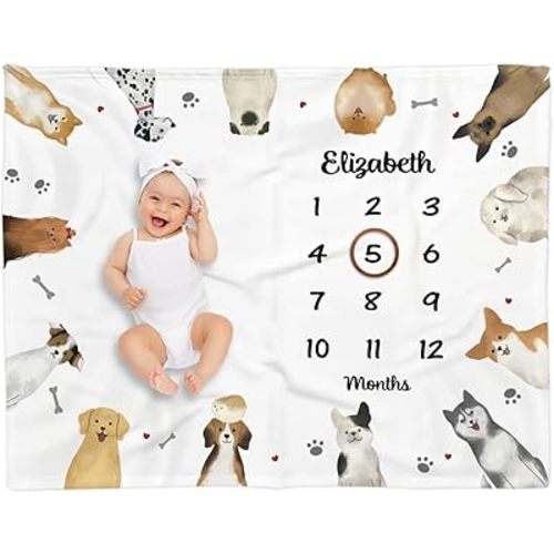 Personalized Milestone Blanket for Girls Boys Baby Age with Growth Chart Newborn Announcement Puppy Dogs Monthly Baby Photo Prop Blanket Custom Baby Shower Funny Baby Gifts for Baby Reveal