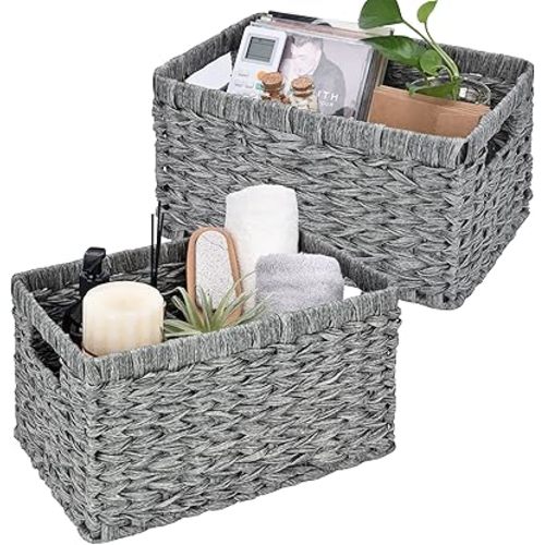 GRANNY SAYS Wicker Baskets with Handles - Gray Storage Baskets (2-Pack) for Organizing Cabinet, Coffee Table