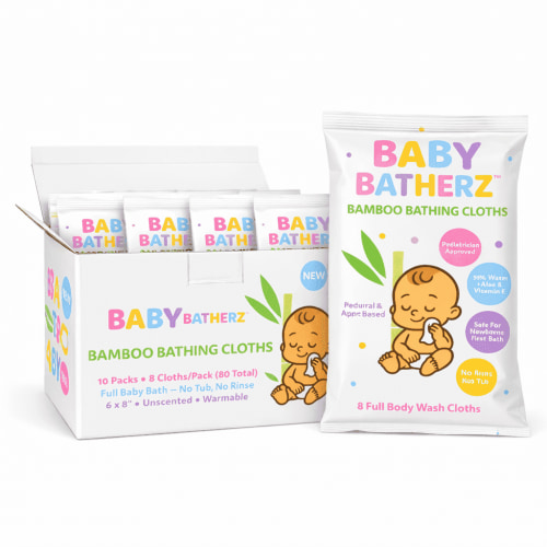 Baby Batherz® Bamboo Bathing Cloths, No-Rinse Newborn Bath, No-Tub Waterless Baby Bath, Unscented, Warmable, Sensitive Skin, 80 Total (10 Packs of 8 Cloths)