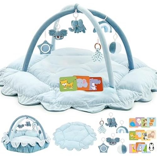5-in-1 Plush Baby Play Gym, Activity Mat with Convertible Gym, Baby Gym 6 Sensory Toys, Play Center for Newborn to Toddler, Blue