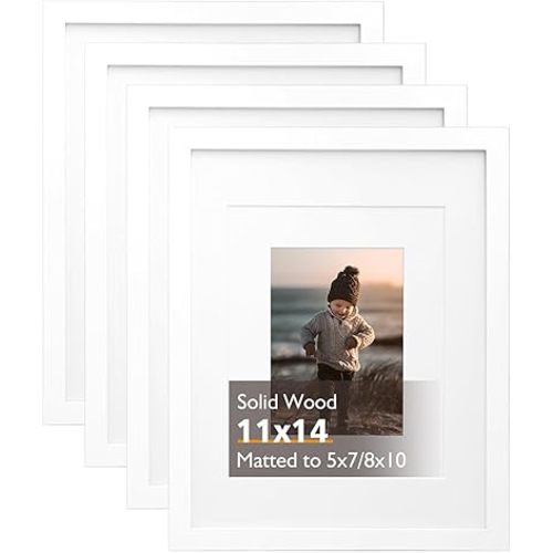 KINLINK 11x14 Picture Frame White, Solid Wood Frames with Acrylic Plexiglass for Pictures 5x7/8x10 with Mat or 11x14 without Mat, Tabletop and Wall Display, Set of 4