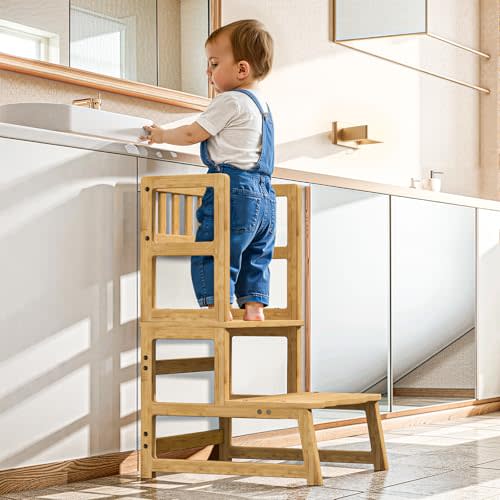 COSYLAND Toddler Tower Toddler Step Stool for Kitchen Helper | Toddler Kitchen Stool Helper with Removable Side Guard for Kitchen/Bathroom/Living Room 300 lbs Capacity for Kids Natural