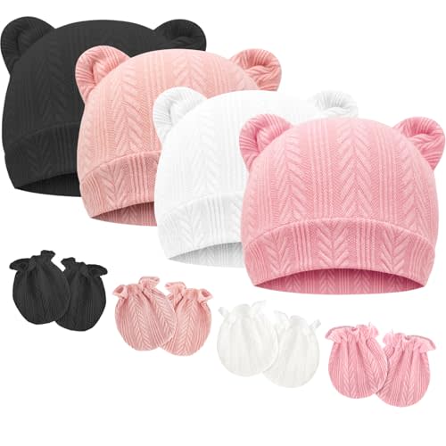 BQUBO Newborn Baby Hats Bear Ears and Mittens Sets Preemie Caps Baby Boy Girl Infant Hospital Beanie for 0-3 Months