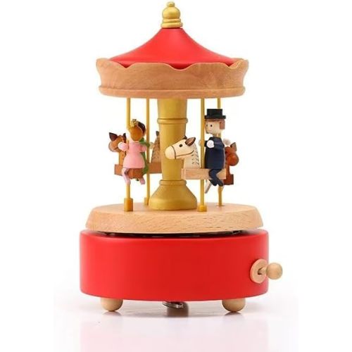 Natural Solid Wood Handcrafted Beech Wooden, Musical FigureTotoro/Carousel/Fairy/Ballerina Figurine,Rotating Hand Crank Mechanism Music Box,Musical Decorations (Red Merry-Go-Round)