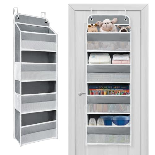 Over the Door Organizer 4 Shelves & 4 Side Pockets, Hanging Door Storage | 44 lb Capacity, Flexible Reinforced Hooks, Hanging Door Storage for Bathroom, Closet Organization, Pantry & Bedroom, Grey