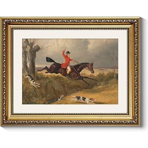 ARPEOTCY Gold Framed Canvas Wall Art, 11x14 Inch Vintage Equestrian Fox Hunting Painting, Classic Horse and Rider Artwork, English Country Hunt Decor for Living Room, Office, or Study