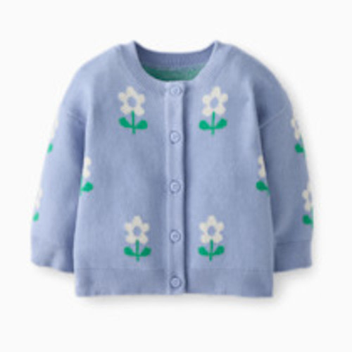 Hanna Andersson Novelty Cardigan - Ecru Flowers On Blue, 3-6 M