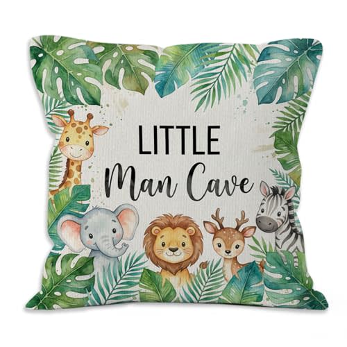 Tropical Forest Animal Nursery Throw Pillow Covers, Little Man Cave Jungle Animals Decorative Pillow Covers 18x18 for Kids Toddler Boy Girl Nursery Room Bedroom Playroom Decor