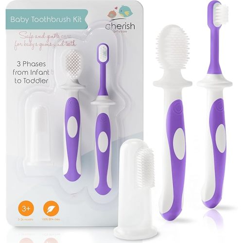 Cherish Baby Care Toothbrush Set (3-24 Months) - 3-Pack Finger, Training & Toddler Toothbrushes, BPA-Free, Newborn Essentials