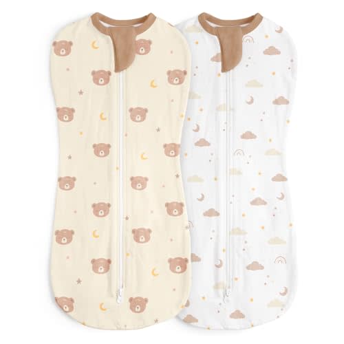 Baby Swaddle 0-2 Months, Cotton Arm-In Zipper Sleep Sack, Wearable Blankets Wrap for Newborn Infant Girls, Boys (Bear, Star Moon, Pack of 2)
