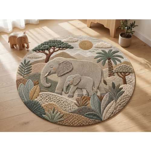 Safari Elephant Nursery Rug – Boho Round Mat, Jungle Decor, Montessori Kids Room - Round 59 in