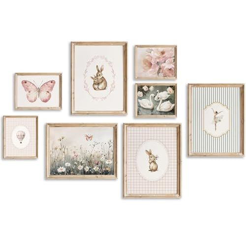 Pink Nursery Wall Art Vintage Style Baby Girls Room Canvas Wall Decor Cute Rabbit Bunny Swan Poster Pink Butterfly Prints Pastel Floral Painting Artwork for Toddler Girls Bedroom 8x10x8 In Unframed