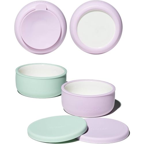 Porcelain Kids Bowls with Removable Silicone Sleeve & Lid – Strong Suction Base, Microwave & Dishwasher Safe, Toddler-Proof, Non-Slip Ceramic Feeding Bowls for Babies & Toddlers (Set of 2)
