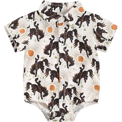 Newborn Western Baby Boy Outfit Long Sleeve Cowboy Dress Shirt Infant Bubble Romper Button Bodysuit Oneise Clothes