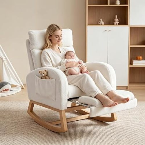 Rocking Chair Nursery with Foot Rest, Teddy Nursing Glider Rocker Chair with High Backrest for Living Room, Bedroom, Nursery, Teddy White