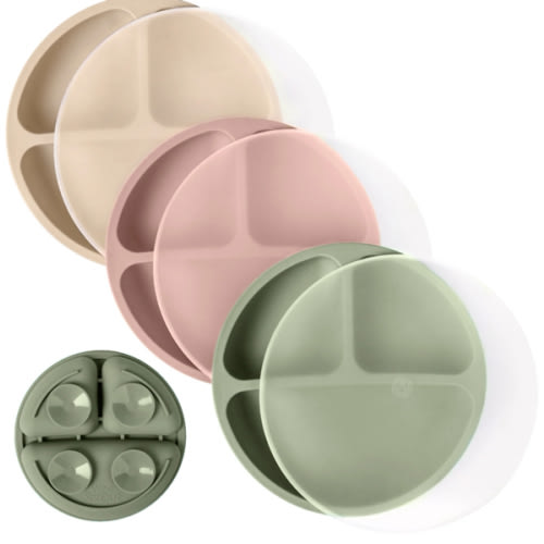 WeeSprout | Silicone Suction Plates with Lids Divided Silicone Plates | Set of 3