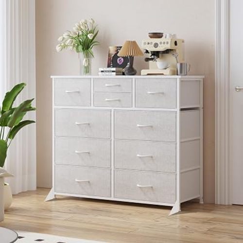 LUMTOK 10 Drawers Dresser with Fabric Bins for Bedroom,Closets，Light Gray
