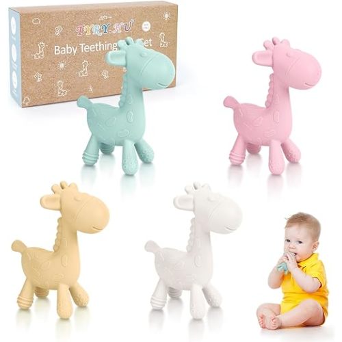 TYRY.HU Baby Teething Toys for Babies 0-6 6-12 Months,BPA Free Silicone Giraffe Teethers for Babies 3-6 months, Soft Chew Toys for Sore Gum, Montessori Sensory Toys Gifts for Infant Boys Girls, 4 Pack