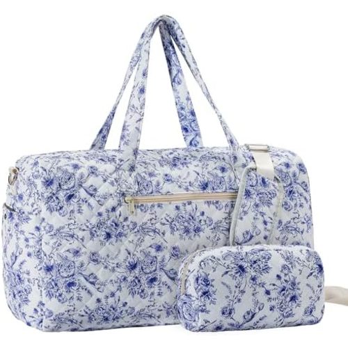 Chinoiserie Coastal grandma Quilted Duffle Bag Large blue Floral Portable Gym Lightweight Weekender Bag for Women with Makeup Pouch with Dry and Wet Separation for Women Travel Hospital
