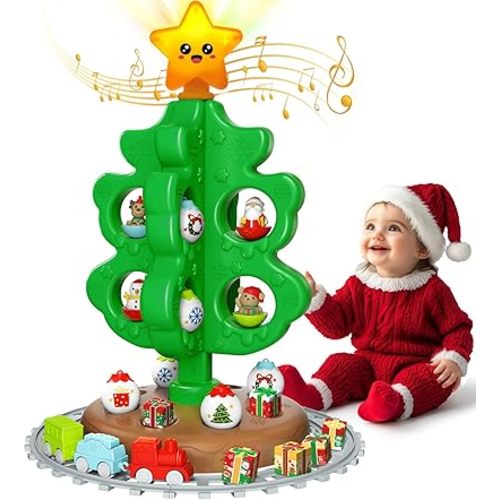 Upgraded Kids Christmas Tree with Topper Star with Light, Sound and Music, Toy Train Set Around Tree for 3-5, Functional Decor Indoor Xmas Tree with Ornaments, Interactive Gifts for Baby