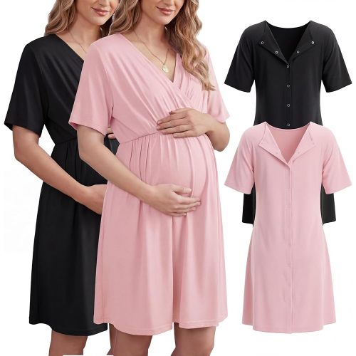 Cutecrop 2 Pack Labor and Delivery Gown for Hospital Maternity Nursing Short Sleeve Gown Button Back Birth Recovery Sleepwear