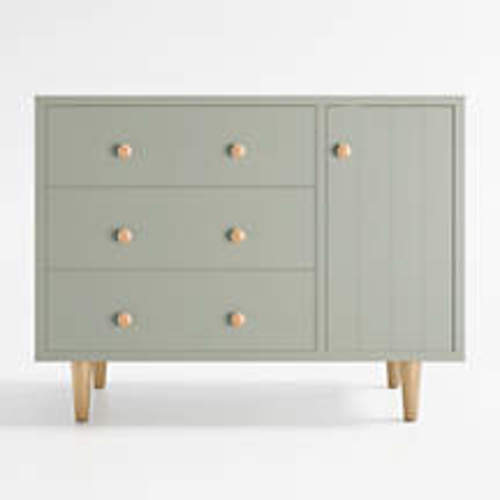 Finn 44" Narrow Sage Green Wood 3-Drawer Kids Dresser with Door