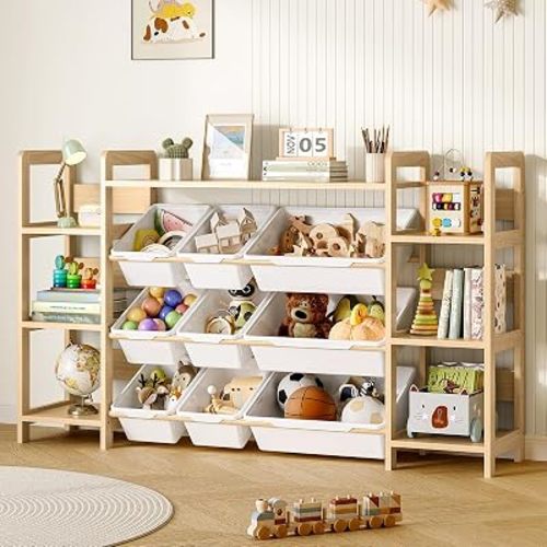 EXPERLAM Large Toy Storage Organizer, Top Rack, 6 Side Shelves, 9 Bins