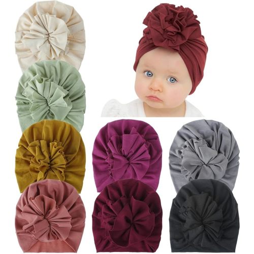 inSowni 8 Pack Solid Cotton Nursery Hospital Turban Hats Caps Beanies Bonnets with Flower for Baby Girls Toddlers Newborns Infants Kids