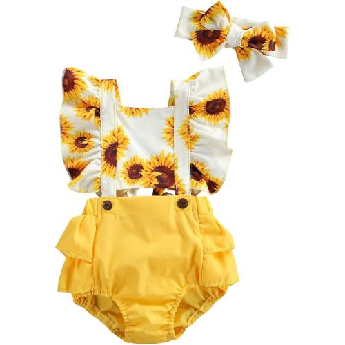 Mubineo Baby Girl Summer Fruit Rompers Clothes Newborn Outfits Flower Ruffle Sleeveless Romper Overalls - White Yellow Sunflower - 18-24 Months