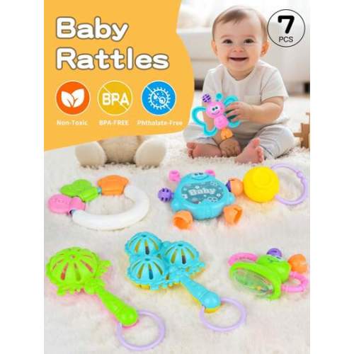 1set 7pcs Bee Shaped Cartoon Rattle Toys For Infant, Including Handbell, Bell, Teether, Grip Toys For Crib Hanging, Catching & Grasping Training, Baby's First Toy, Random