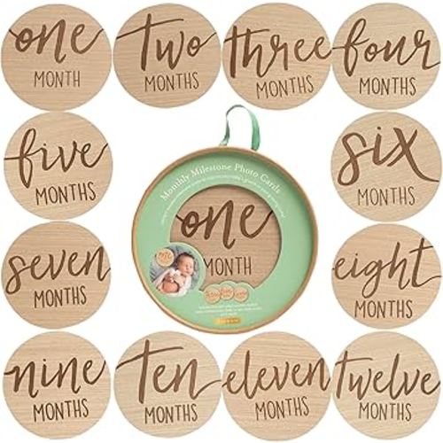 Kate & Milo Wooden Baby Monthly Milestone Photo Props, Round Discs with Classic Cursive Script, Double-Sided Photo Markers for Baby Announcements and Growth Pictures, 1-12 Months
