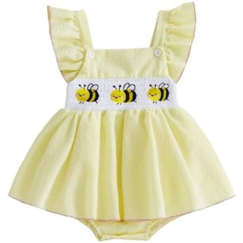 Amnnchya Baby Girl Summer Clothes Cute Bee Fly Sleeve Smocked Romper Dress Jumpsuit Newborn Infant Girls Spring Dresses