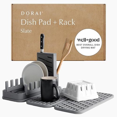 Dorai Home Collapsible Dish Drying Rack with Stone Dish Pad - Kitchen Counter Set with Diatomaceous Earth Stone Dish Mat for Quick Drying - Space-Saving Design - Original 19.9"x15.2", Sandstone