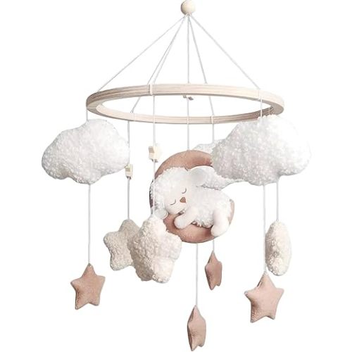 Cute Sheep Mobile for Crib Handmade Beige Dreamy Theme Felt Nursery Decor Crib Mobile for Bassinet Baby Newborn Baby Gift Nursery Decor