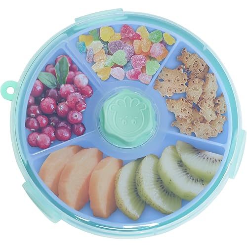 KingKam Kids Snack Spinner Containers, Reusable Toddler Spin Snack Container Box with 4 Compartments & Lid for Travel On-The-Go Snacking, BPA Free | No Spill | Dishwasher Safe | Strap and Sticker