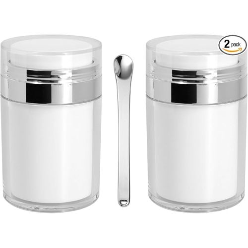 2Pack Airless Pump Jars with Cosmetic Spatula, 3.5 oz Empty Refillable Cosmetic Air Pump Jars Bottles Airless Lotion Cream Dispenser Portable Travel Makeup Containers (Silver)