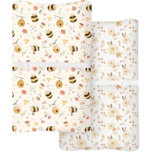 Changing Pad Cover for Baby Boys Girls 2 Pack, Fits Standard 32”×16” Changing Table Pads, Silky Breathable Stretch Knit, Machine Washable (Honeybee Dreams)