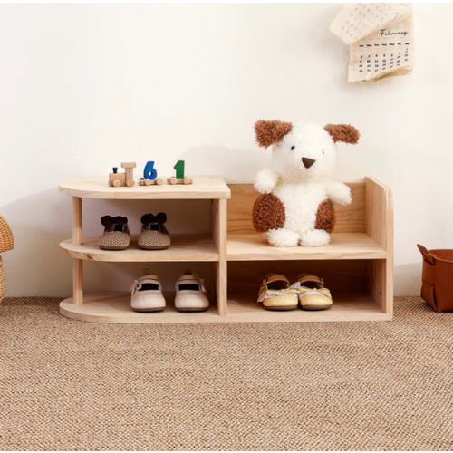 Traditional Japanese Pine Wood Kids Curved Square Shoe Bench With 2-Tier For Living Room