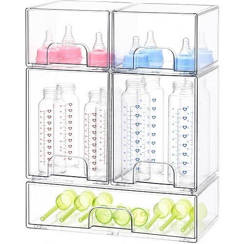 Baby Bottle Organizer, 5 Pack Clear Acrylic Stackable Storage Drawers, Baby Bottle Storage Organizer for Countertop, Nursery, Vanity & Cabinet