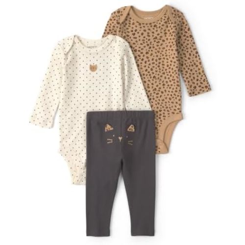 Carter's Girl 3-Piece Bodysuit Pant Sets, Brown Cream Black Leopard, 3M