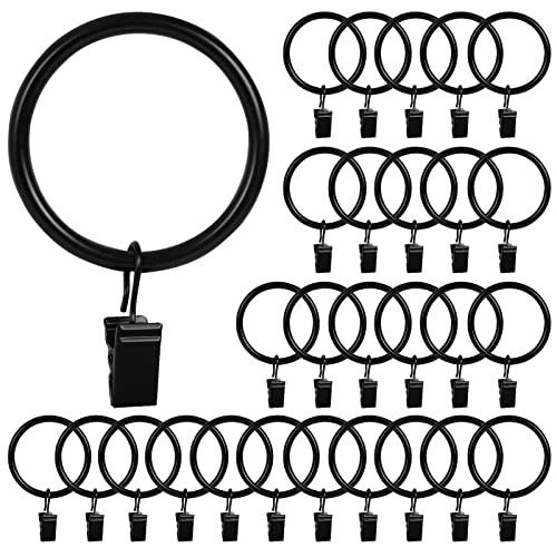 HOOSUN 28 Pack Curtain Rings with Clips,Metal Curtain Hooks for Drapes,Black Curtain Rings Hanger Clips,Curtain Rod Rings Small Clip,Curtain Ring Hooks for Indoor Outdoor