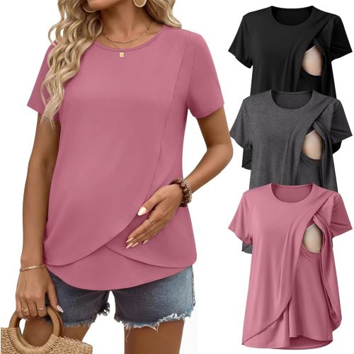 Ekouaer Nursing Shirts 3 Packs Short Sleeve Breastfeeding Tops Summer Maternity T Shirts Postpartum Double Layer Clothes