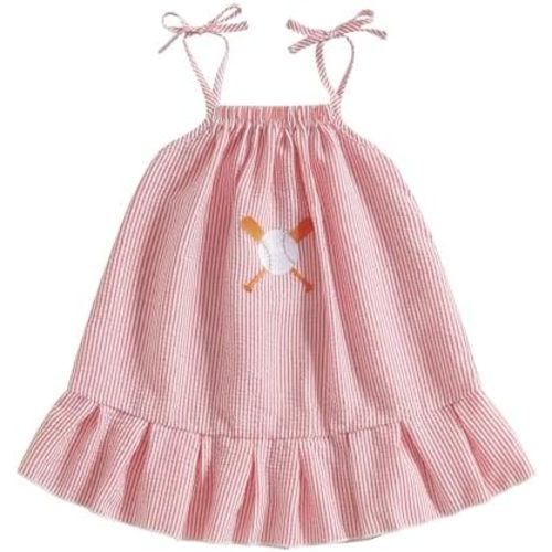 Baby Girls Sports Dress Toddler Seersucker Dress Sleeveless Baseball/Golf Embroidery Sundress Casual Summer Outfit