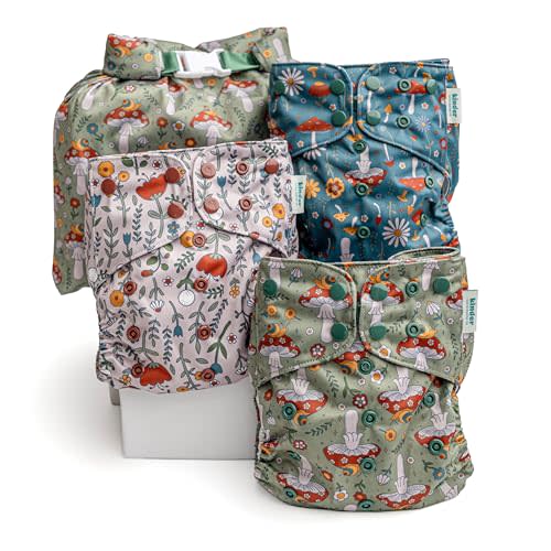 Kinder Cloth Diapers Reusable Baby Diapers Pocket Style Athletic Wicking Jersey, Wet Bag, Newborn to Potty Training 7-60lbs, One Size, Inserts NOT Included (Boho Mushrooms, 3 Pack, Without Inserts)