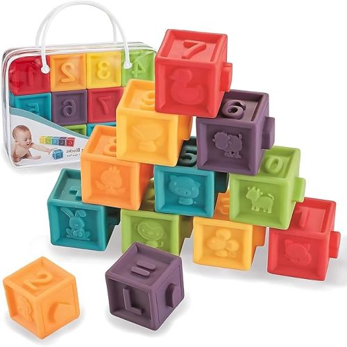 Kingtree Baby Blocks (Set of 12), Soft Silicone Building Blocks Squeeze Stacking Toys for 6 Months and Up Infants, Colorful Early Educational Puzzle Toy with Numbers Animals Shapes Textures - Bright-colors Set